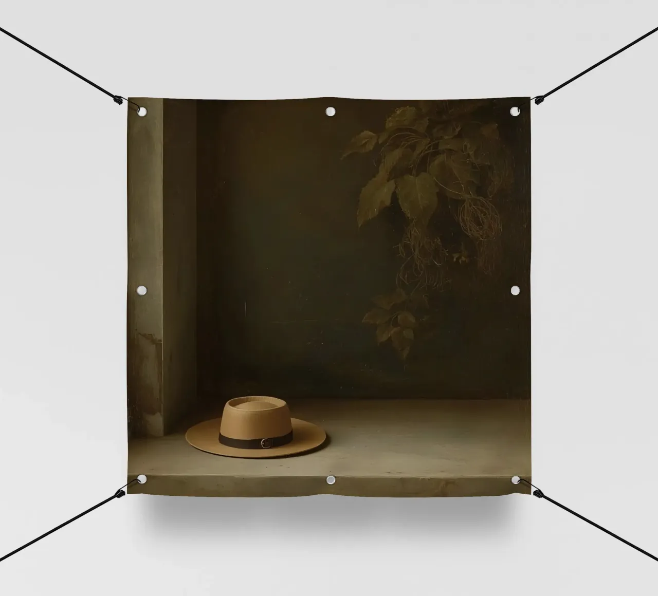 Cappello appoggiato su una superficie con foglie in un ambiente muto telo in pvc da DesignDoodle