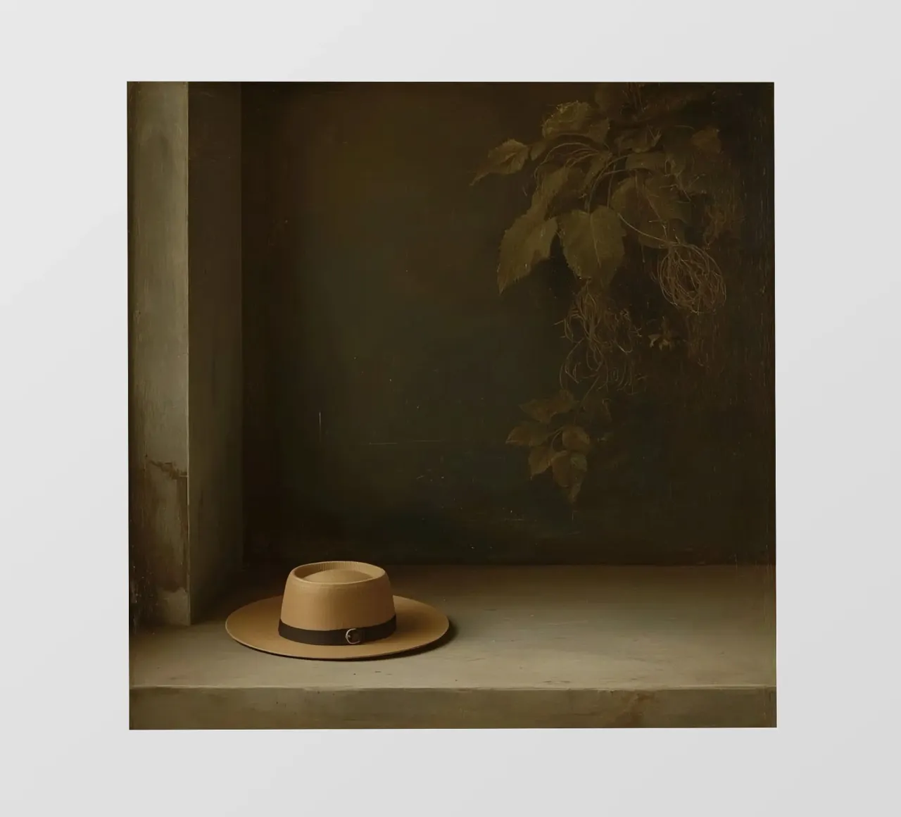 Cappello appoggiato su una superficie con foglie in un ambiente muto telo in pvc da DesignDoodle