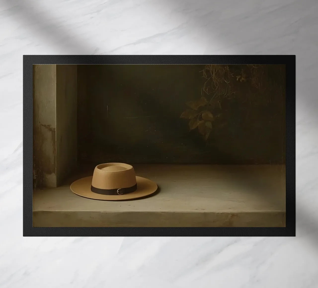 Cappello appoggiato su una superficie con foglie in un ambiente muto zerbino da DesignDoodle