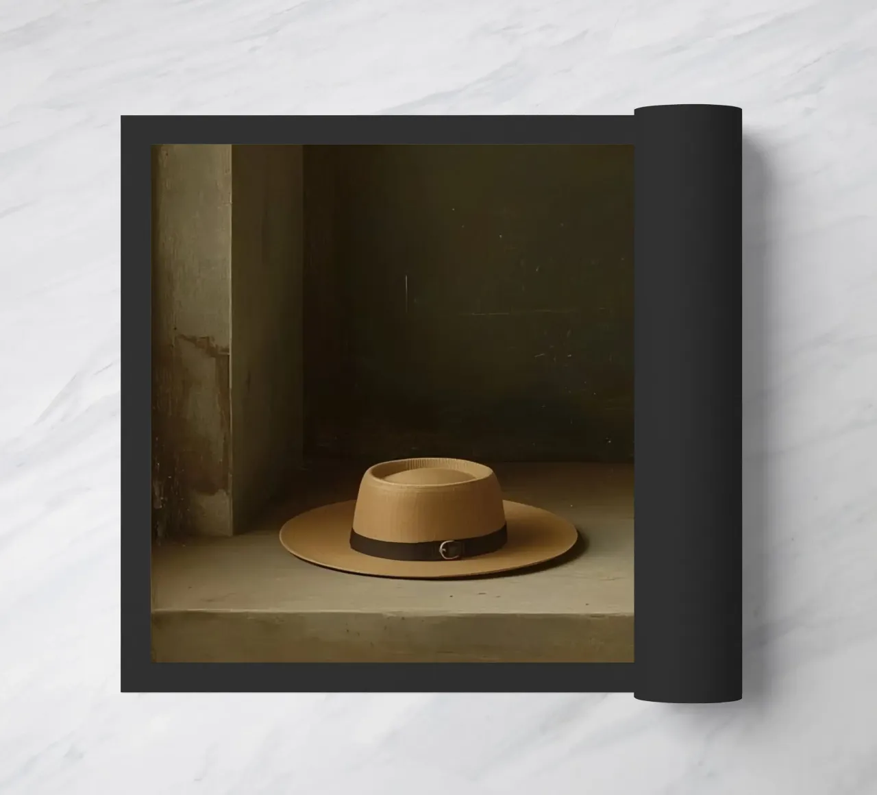 Cappello appoggiato su una superficie con foglie in un ambiente muto zerbino da DesignDoodle