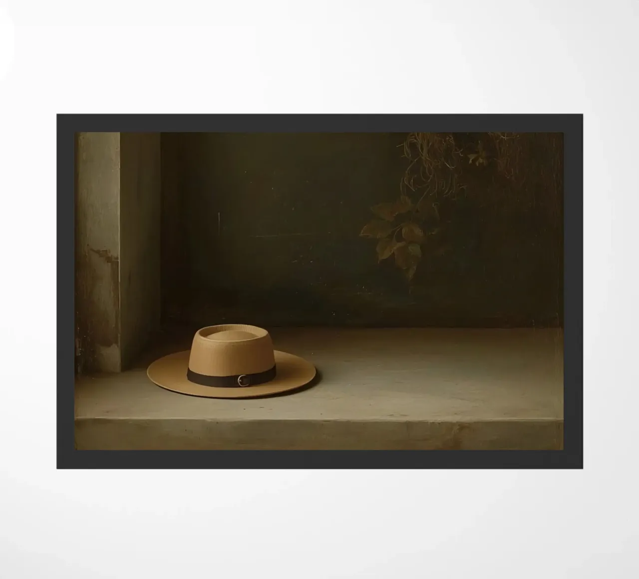 Cappello appoggiato su una superficie con foglie in un ambiente muto zerbino da DesignDoodle