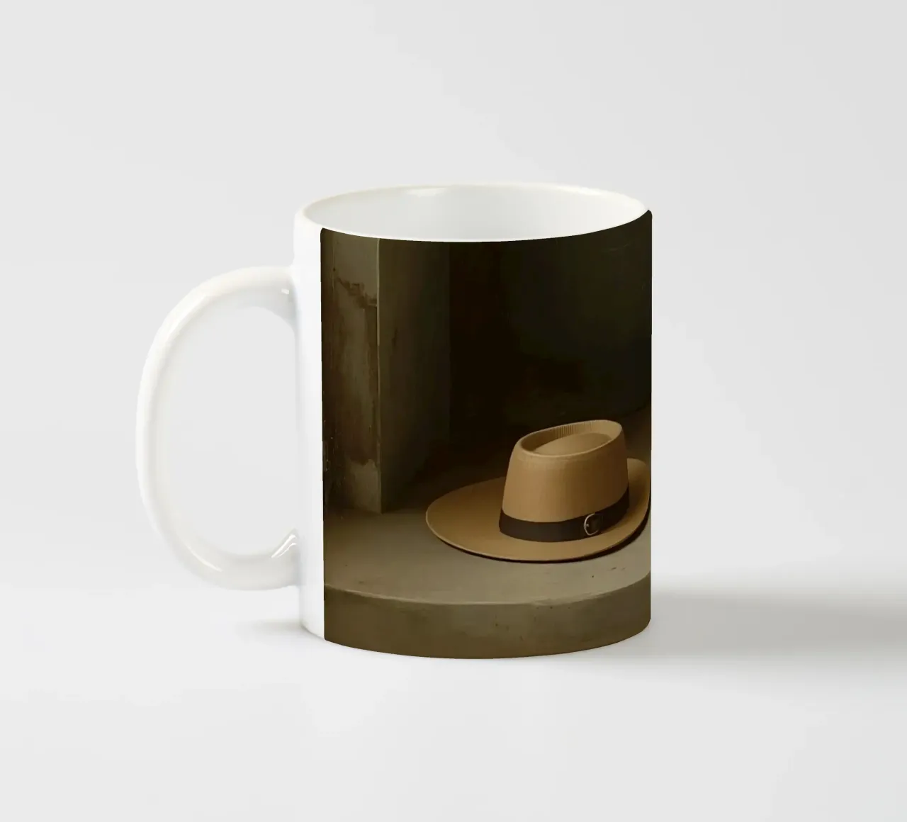 Cappello appoggiato su una superficie con foglie in un ambiente muto tazza in ceramica da DesignDoodle