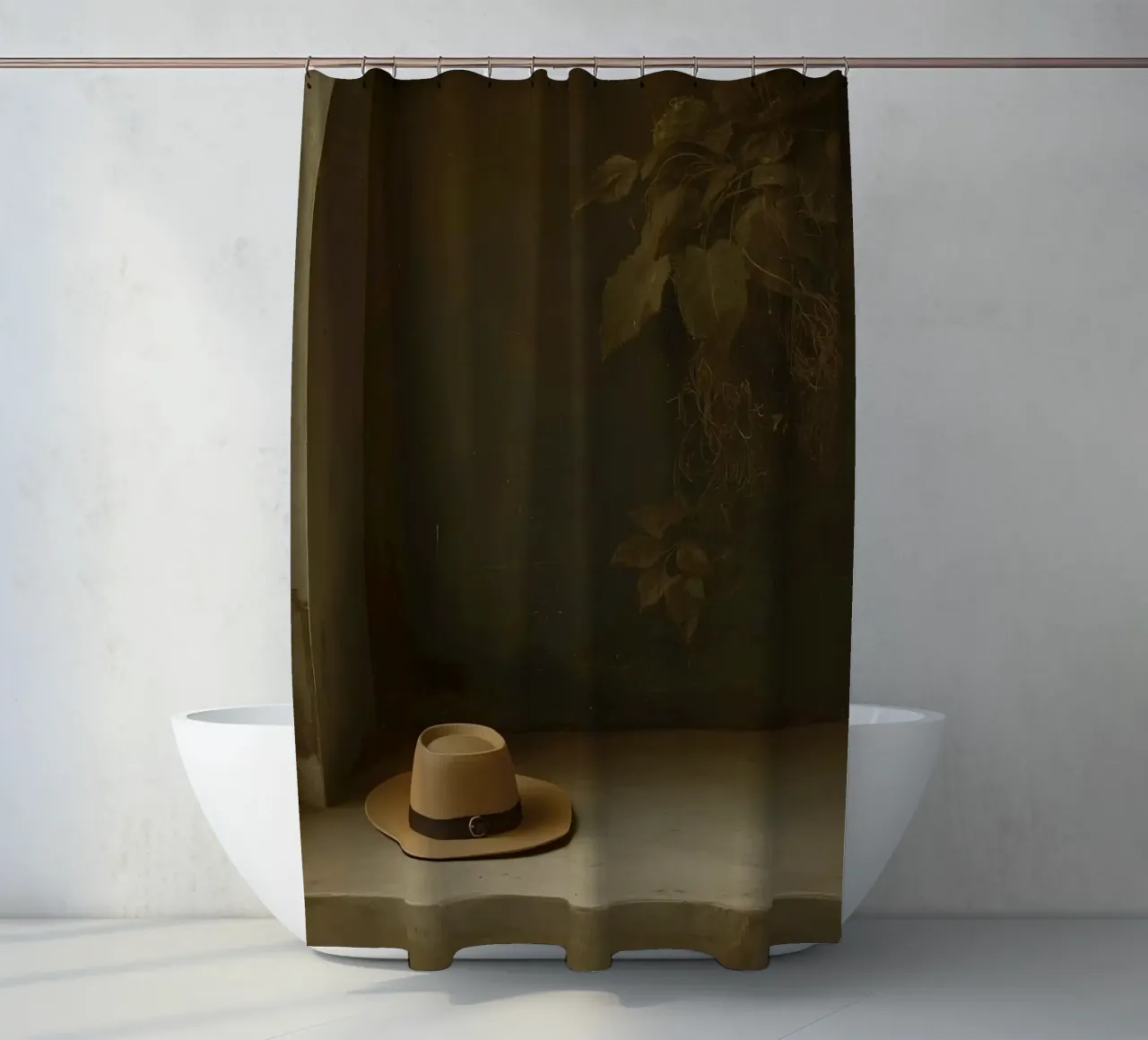 Hat resting on a surface with leaves in a muted setting shower curtain by DesignDoodle