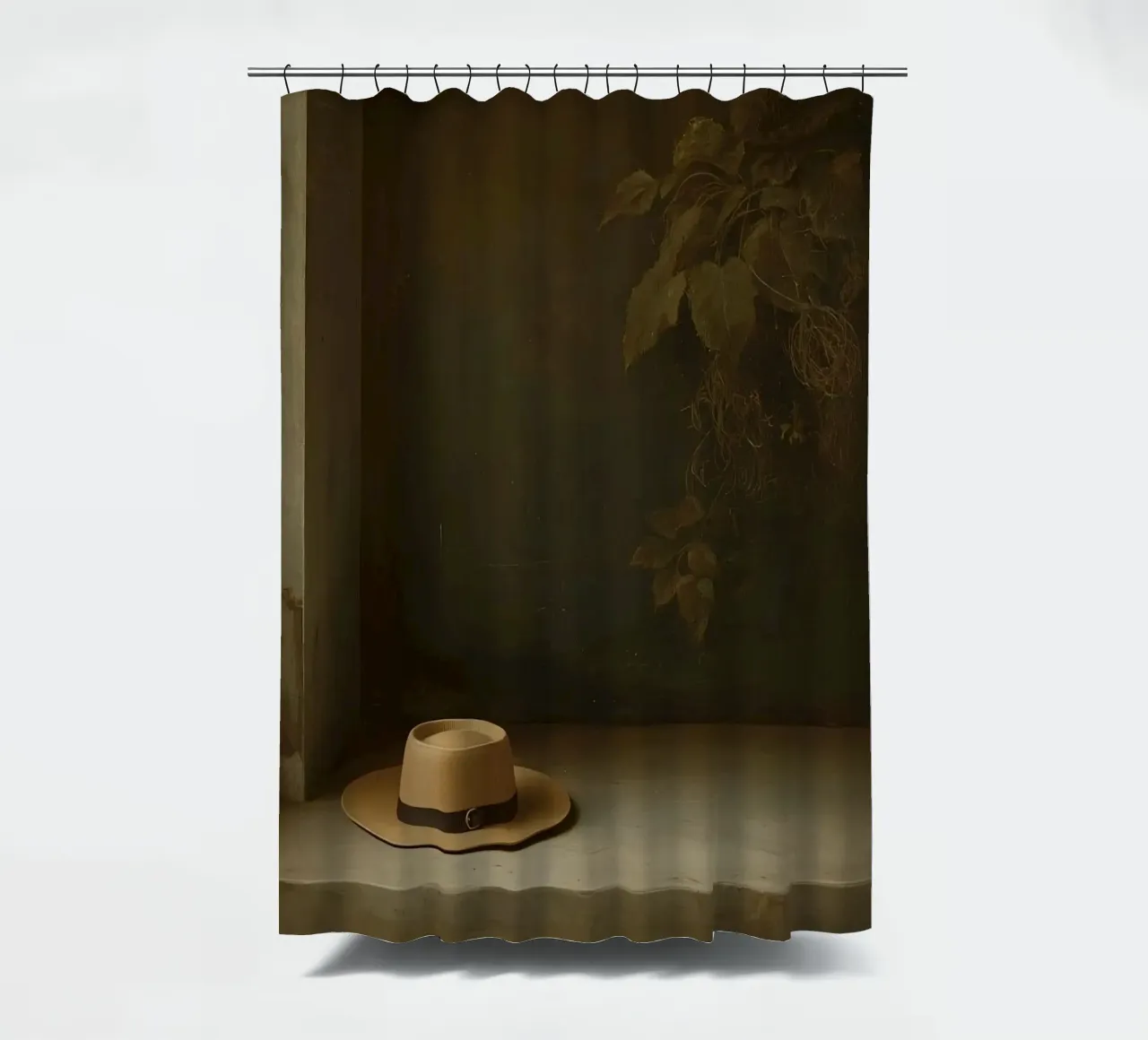 Hat resting on a surface with leaves in a muted setting shower curtain by DesignDoodle