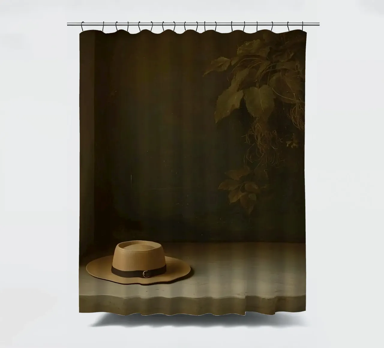 Hat resting on a surface with leaves in a muted setting shower curtain by DesignDoodle