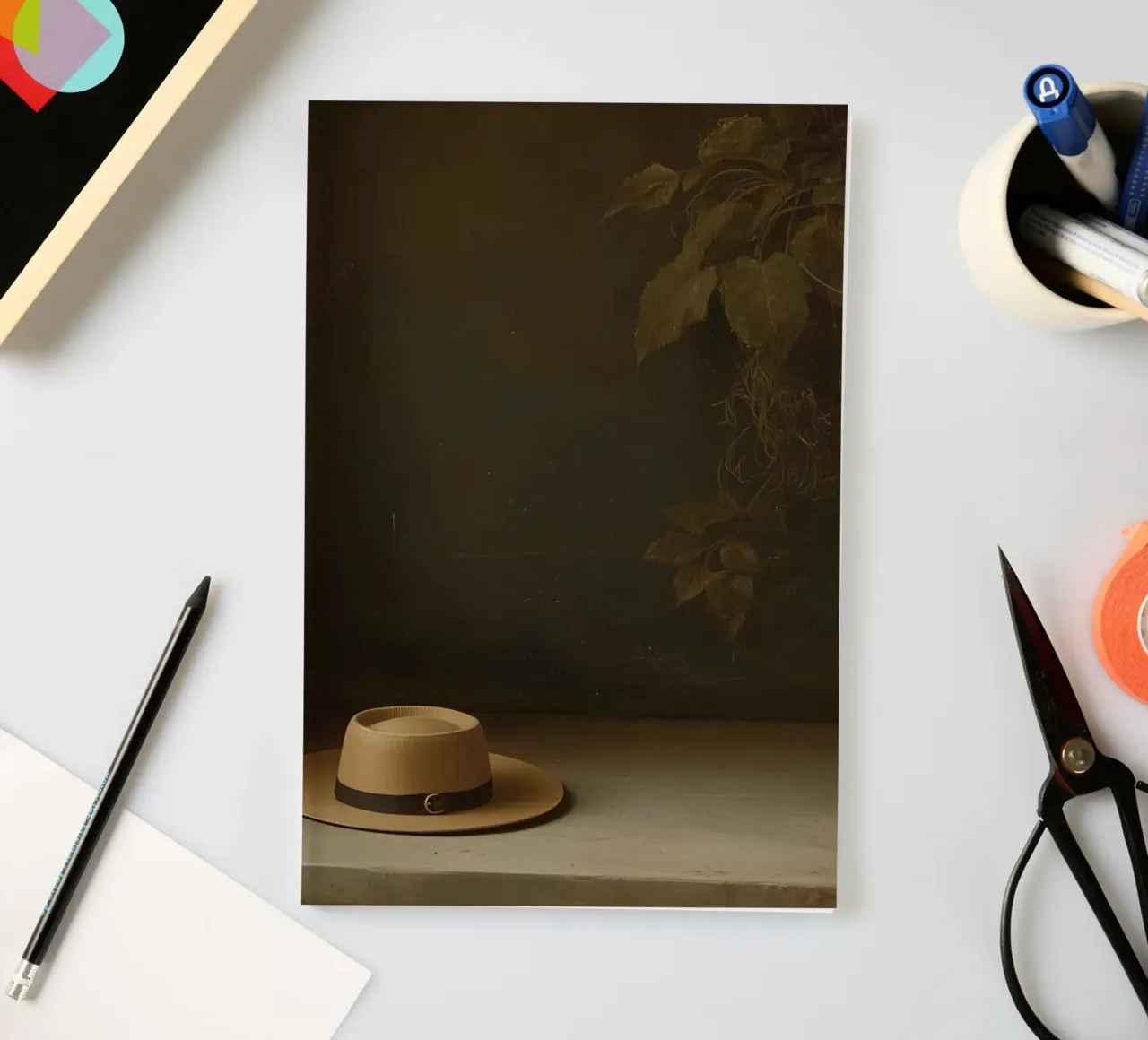 Hat resting on a surface with leaves in a muted setting notebook by DesignDoodle