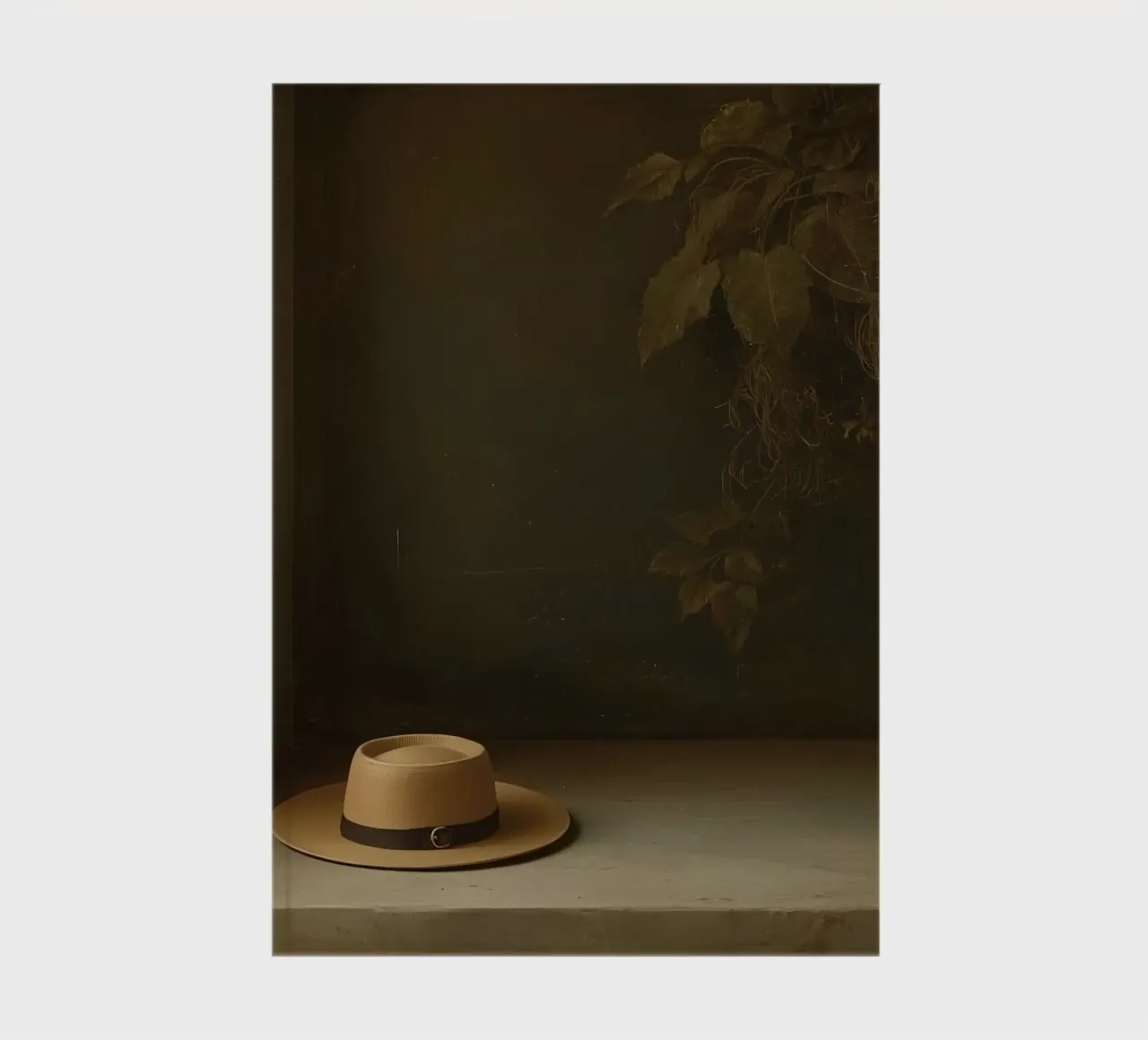 Hat resting on a surface with leaves in a muted setting notebook by DesignDoodle
