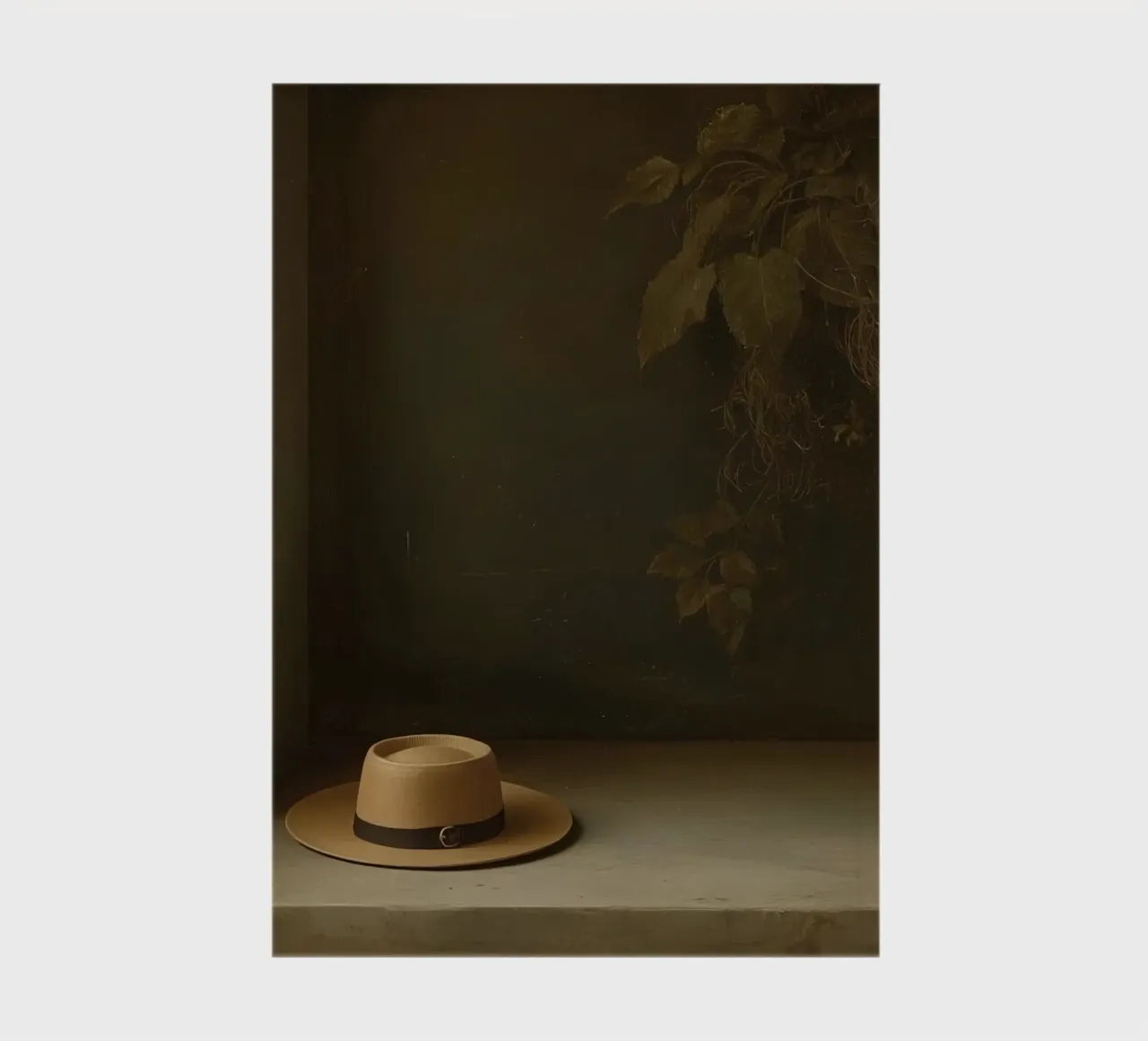 Hat resting on a surface with leaves in a muted setting notebook by DesignDoodle