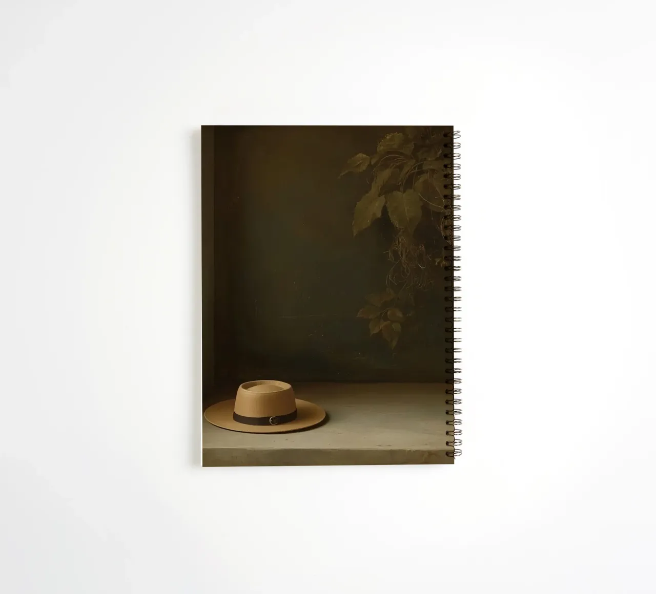Hat resting on a surface with leaves in a muted setting spiral notebook by DesignDoodle