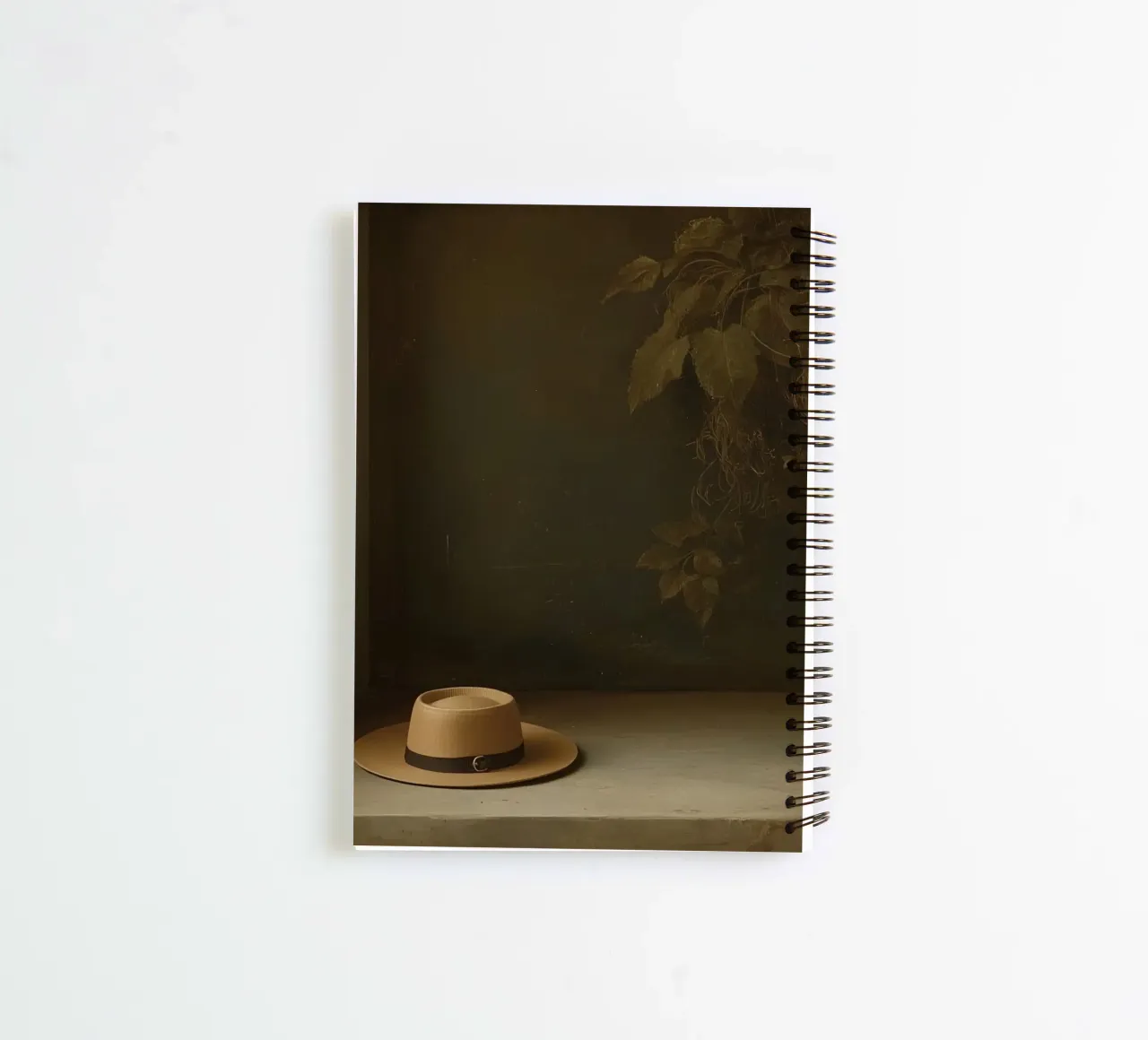Hat resting on a surface with leaves in a muted setting spiral notebook by DesignDoodle