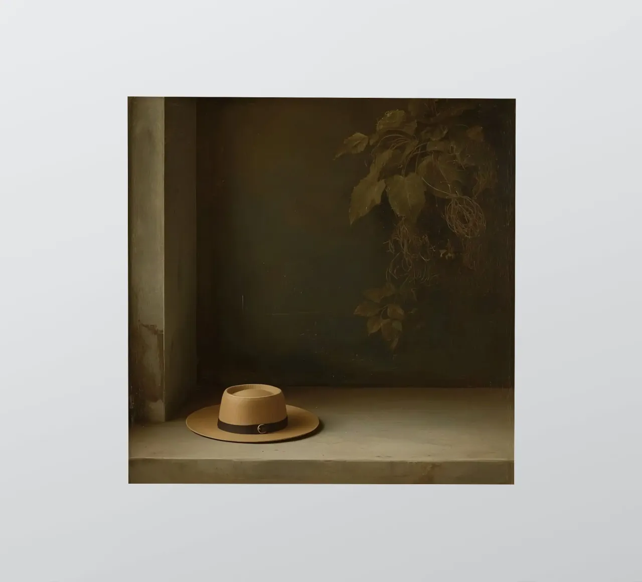 Hat resting on a surface with leaves in a muted setting sticker by DesignDoodle