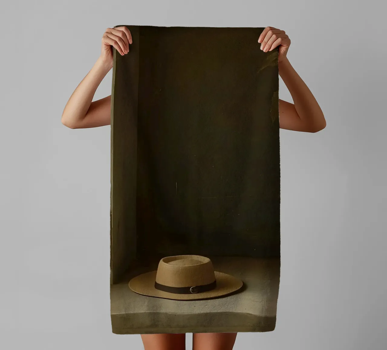 Cappello appoggiato su una superficie con foglie in un ambiente muto asciugamano da bagno da DesignDoodle