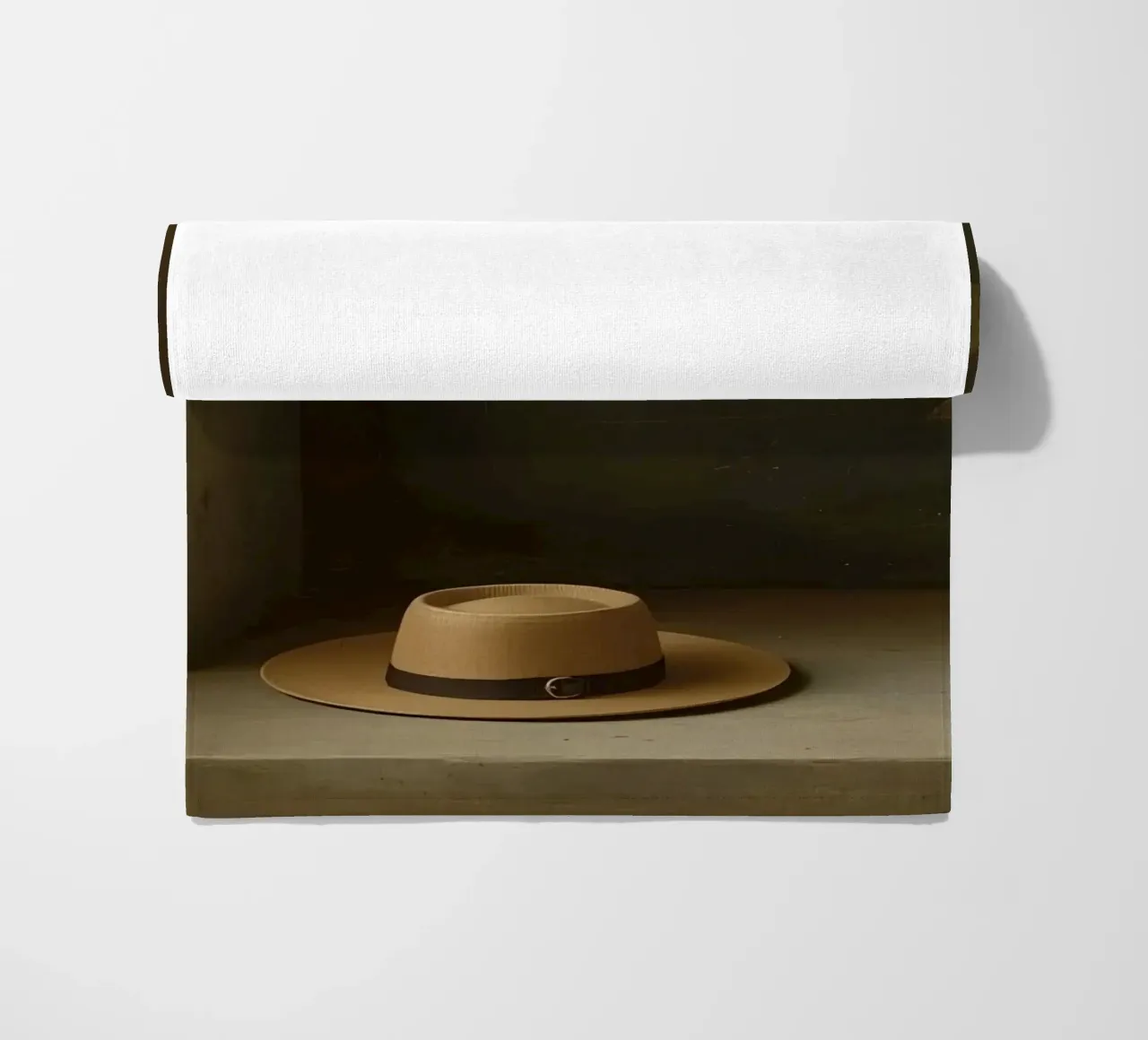 Cappello appoggiato su una superficie con foglie in un ambiente muto telo mare da DesignDoodle