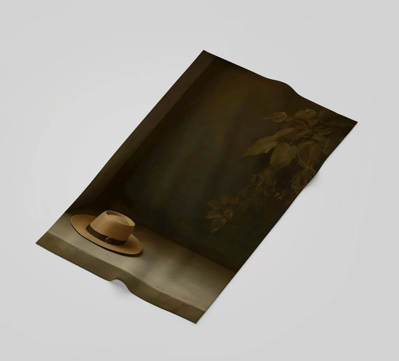 Cappello appoggiato su una superficie con foglie in un ambiente muto telo mare da DesignDoodle