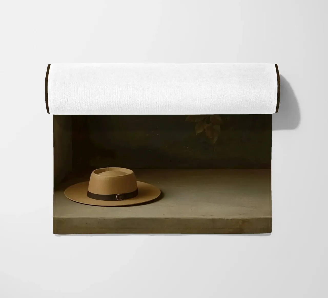 Cappello appoggiato su una superficie con foglie in un ambiente muto telo mare da DesignDoodle