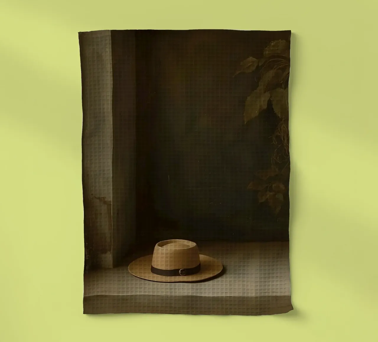 Cappello appoggiato su una superficie con foglie in un ambiente muto canovaccio da cucina da DesignDoodle