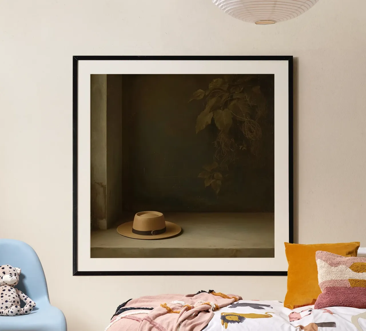 Hoed rustend op een oppervlak met bladeren in een gedempte omgeving poster met kunststof frame van DesignDoodle