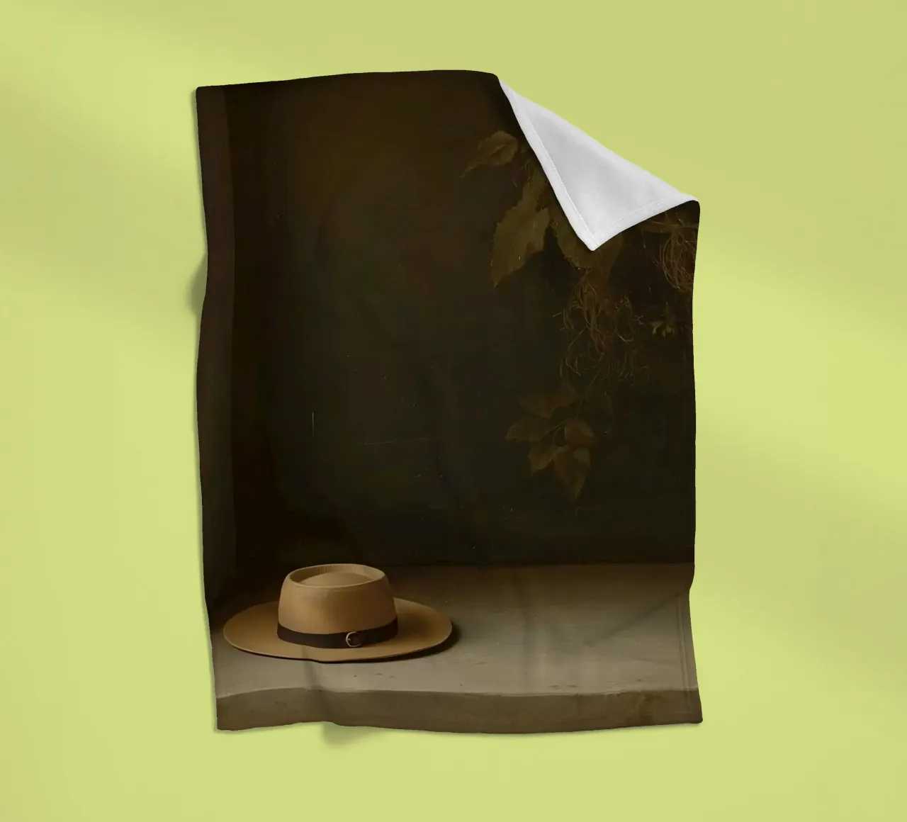 Cappello appoggiato su una superficie con foglie in un ambiente muto coperta in pile da DesignDoodle