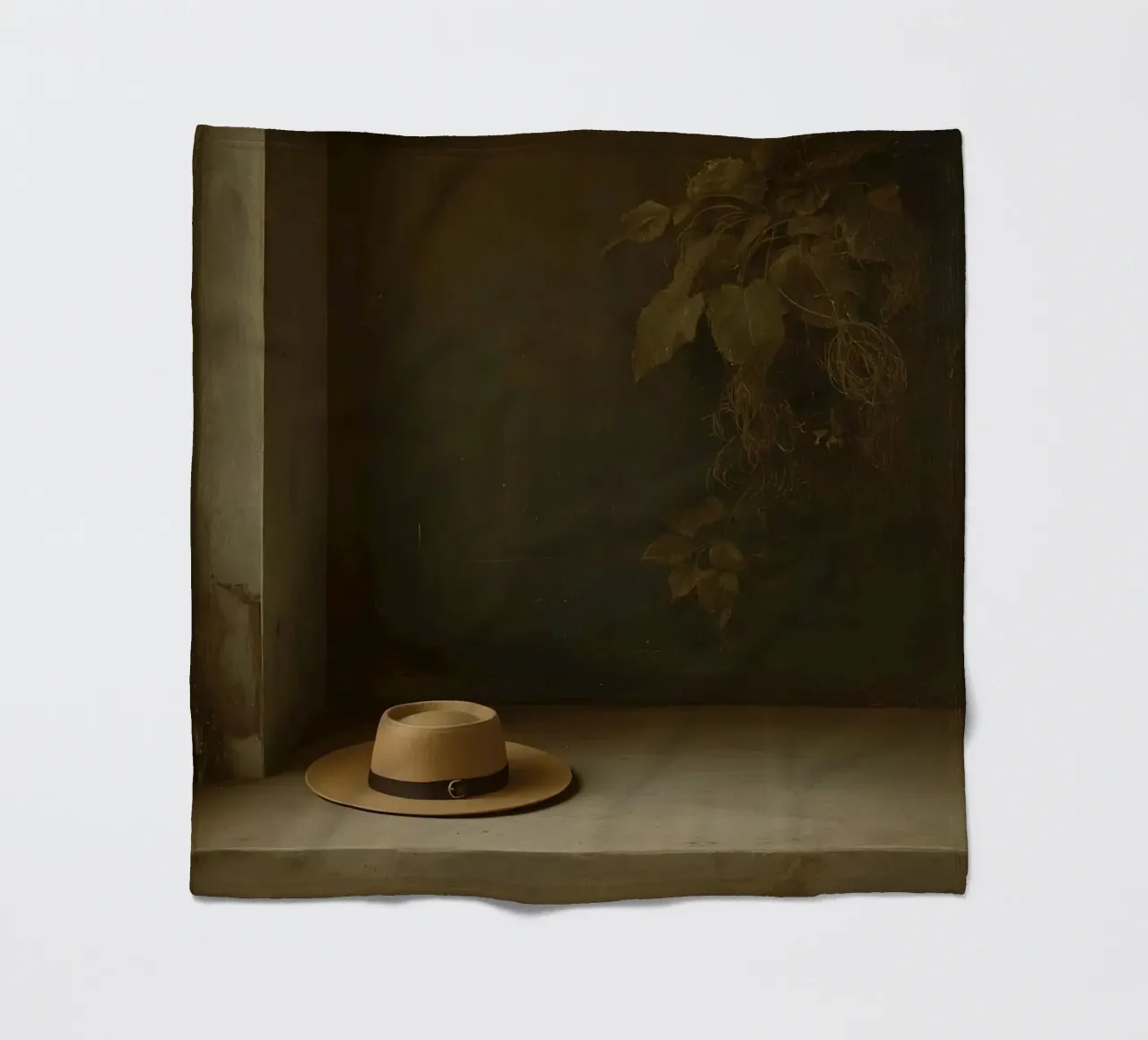 Cappello appoggiato su una superficie con foglie in un ambiente muto coperta in pile da DesignDoodle