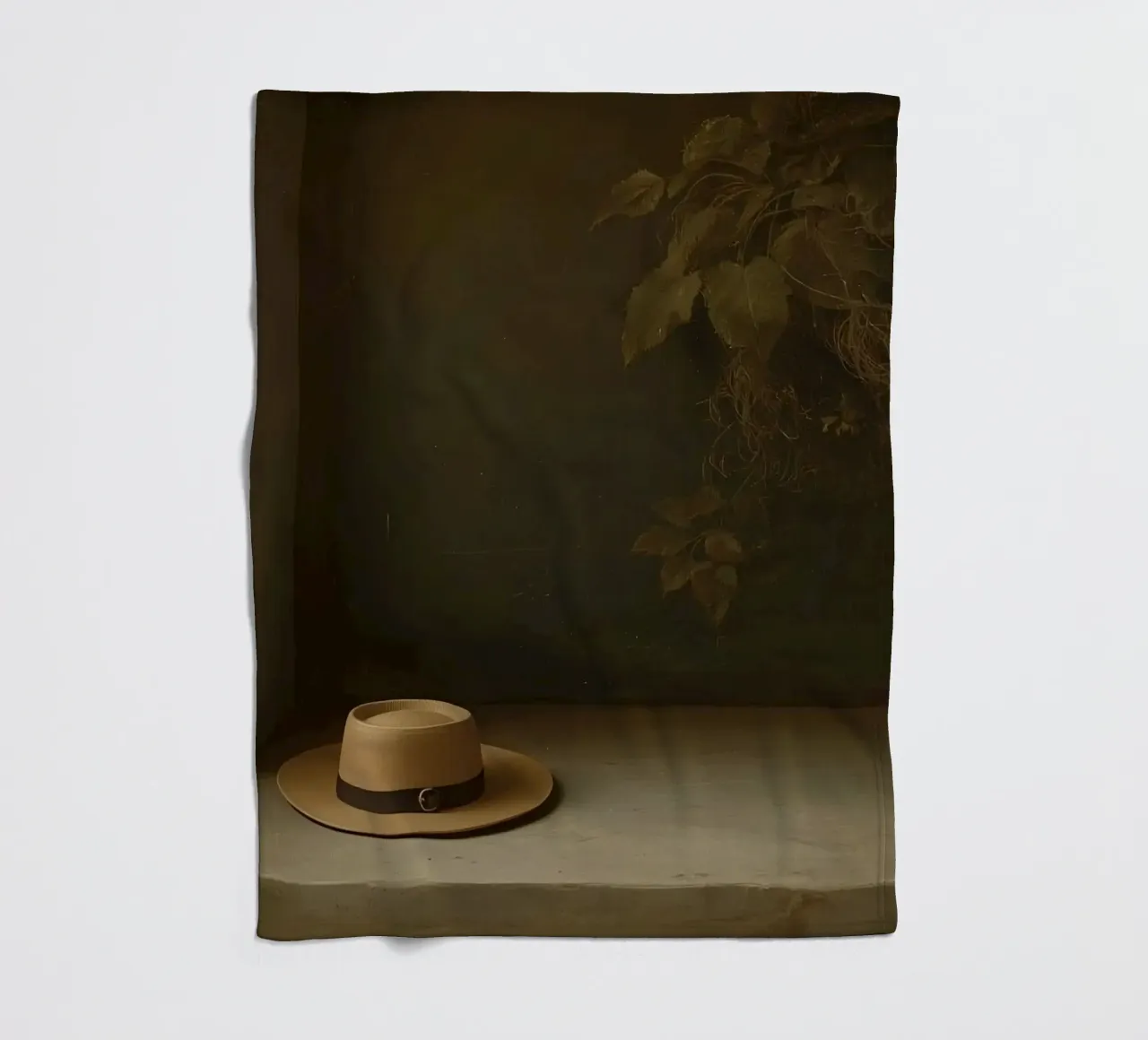 Cappello appoggiato su una superficie con foglie in un ambiente muto coperta in pile da DesignDoodle