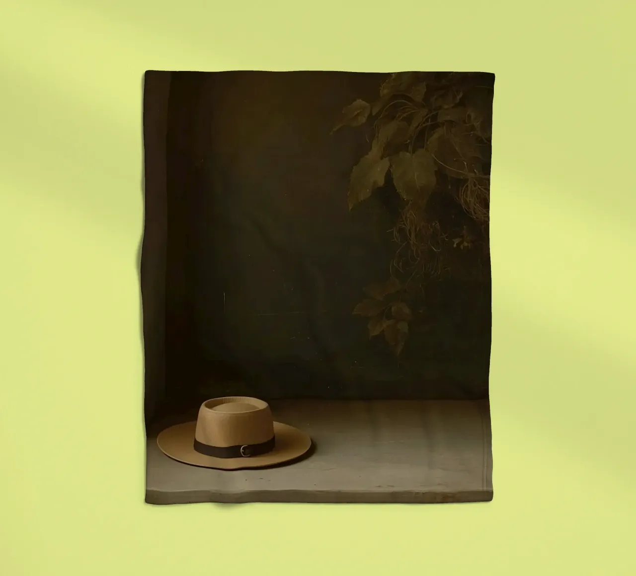 Cappello appoggiato su una superficie con foglie in un ambiente muto coperta in pile da DesignDoodle