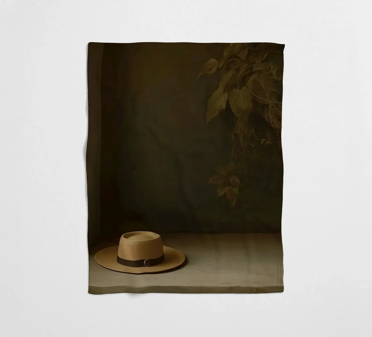 Cappello appoggiato su una superficie con foglie in un ambiente muto coperta in pile da DesignDoodle