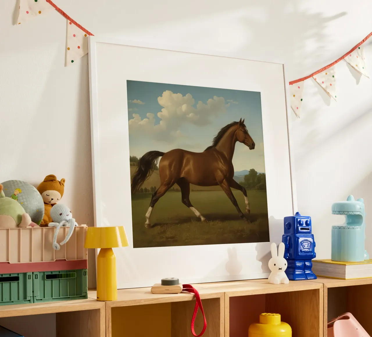 Maestoso cavallo marrone che trotta con grazia su un terreno verde e rigoglioso poster da DesignDoodle