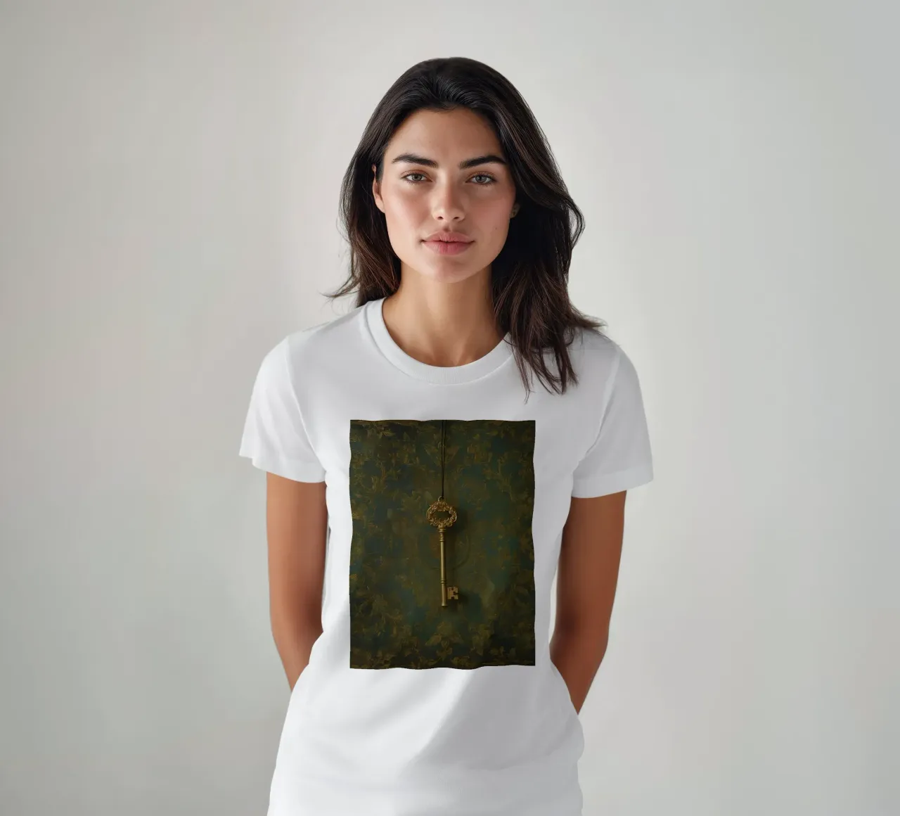 Key hanging against a textured background with intricate flo t-shirt by DesignDoodle