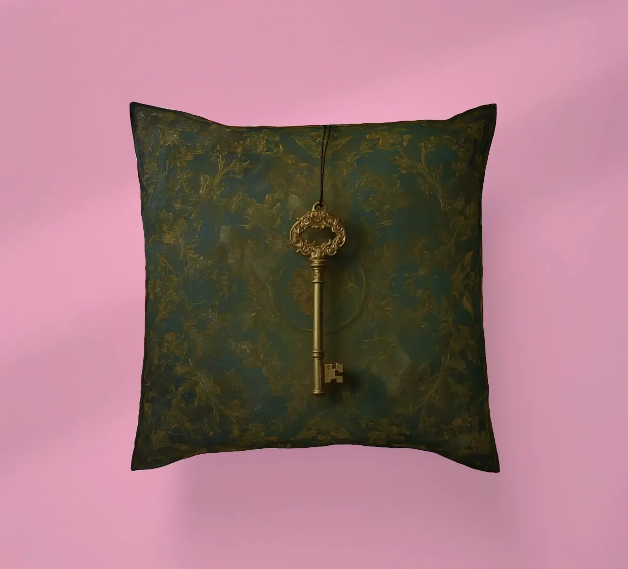 Key hanging against a textured background with intricate flo decorative cushion by DesignDoodle