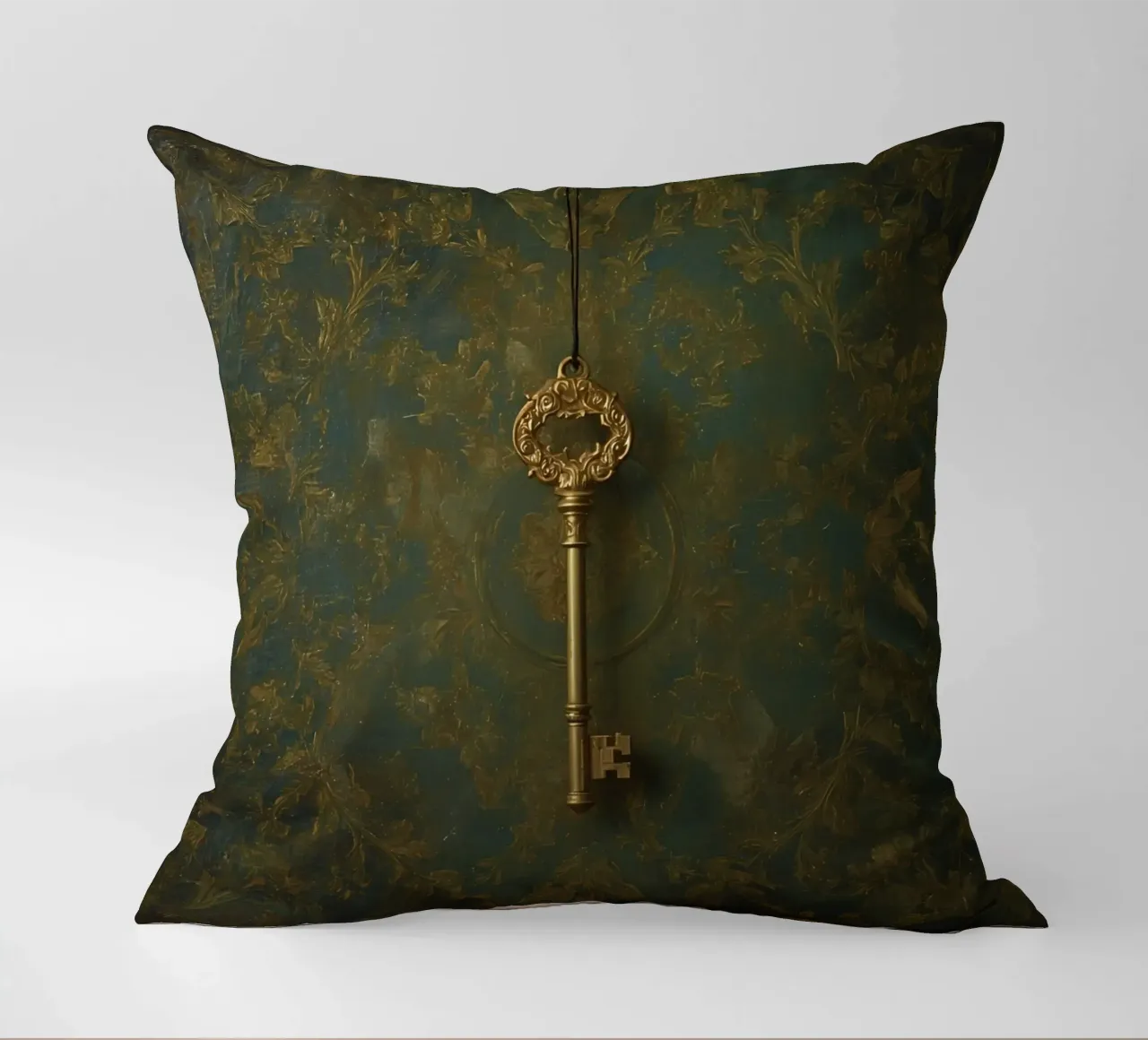 Key hanging against a textured background with intricate flo decorative cushion by DesignDoodle