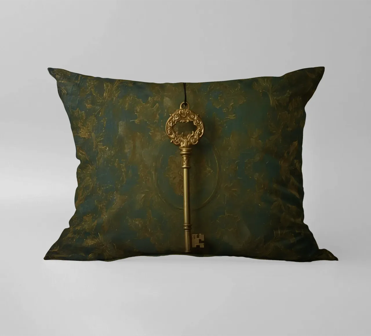 Key hanging against a textured background with intricate flo decorative cushion by DesignDoodle