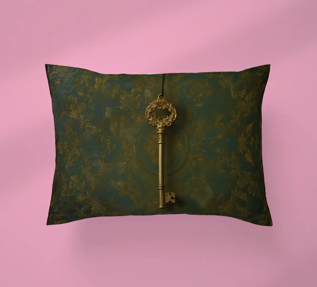 Key hanging against a textured background with intricate flo decorative cushion by DesignDoodle