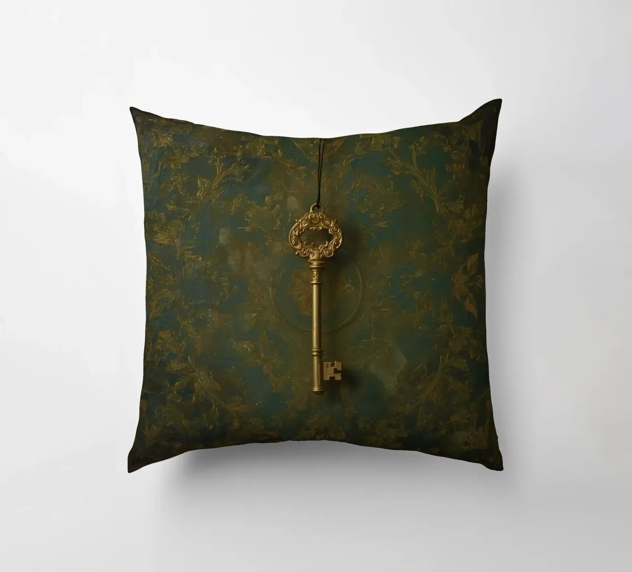 Key hanging against a textured background with intricate flo decorative cushion by DesignDoodle