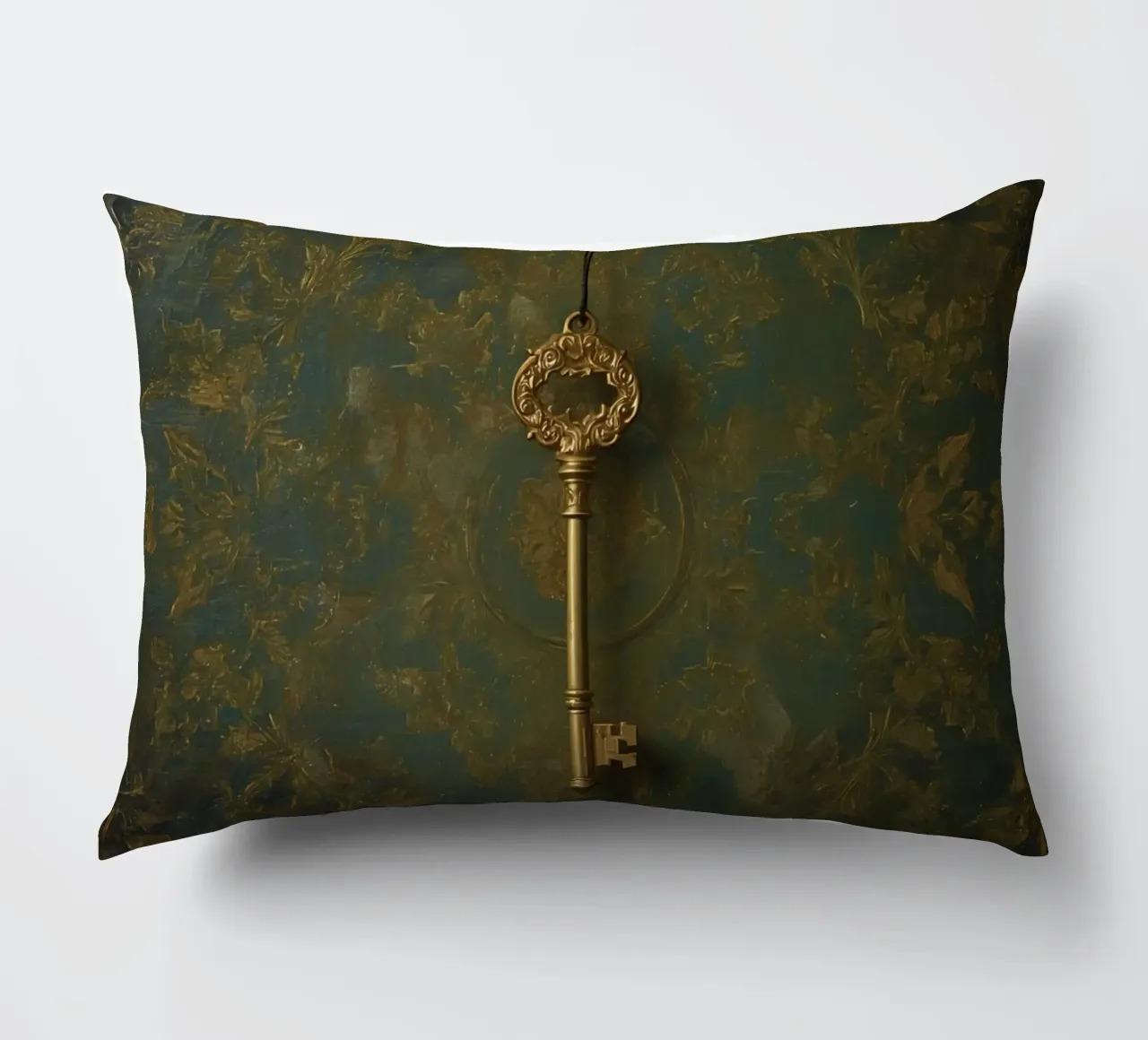 Key hanging against a textured background with intricate flo decorative cushion by DesignDoodle
