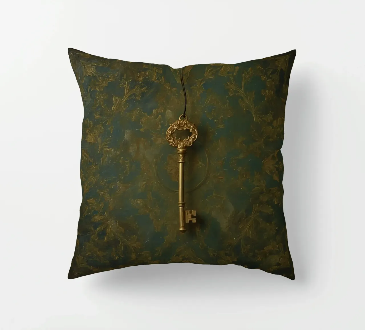 Key hanging against a textured background with intricate flo decorative cushion by DesignDoodle