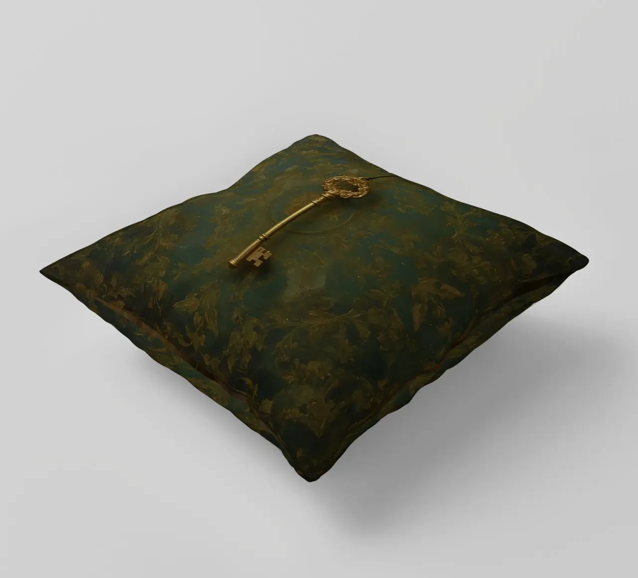 Key hanging against a textured background with intricate flo decorative cushion by DesignDoodle