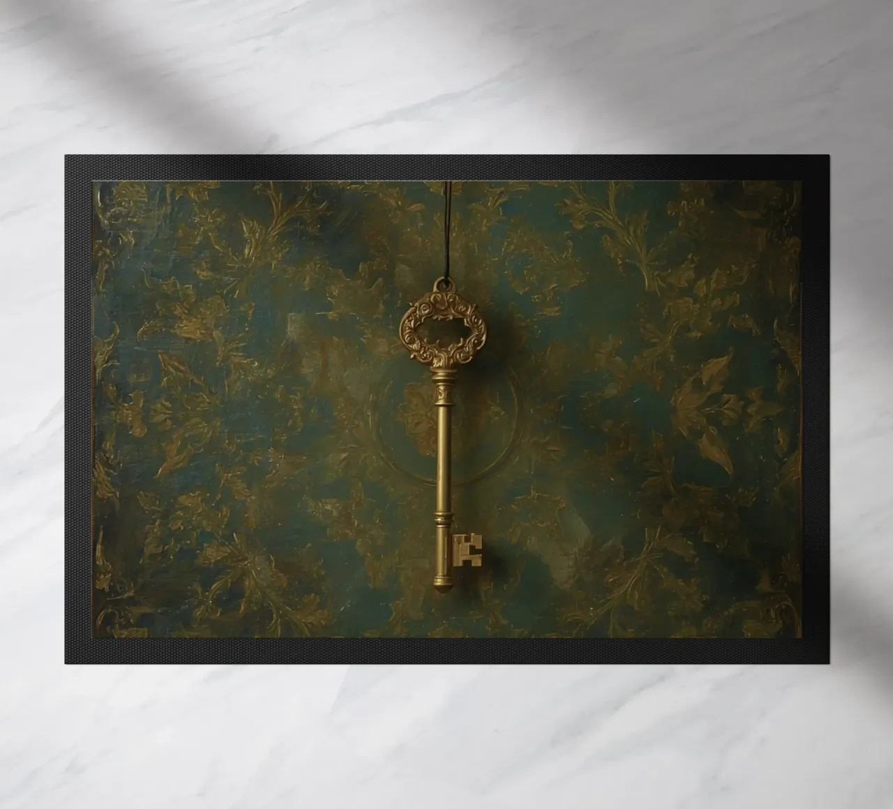 Key hanging against a textured background with intricate flo doormat by DesignDoodle