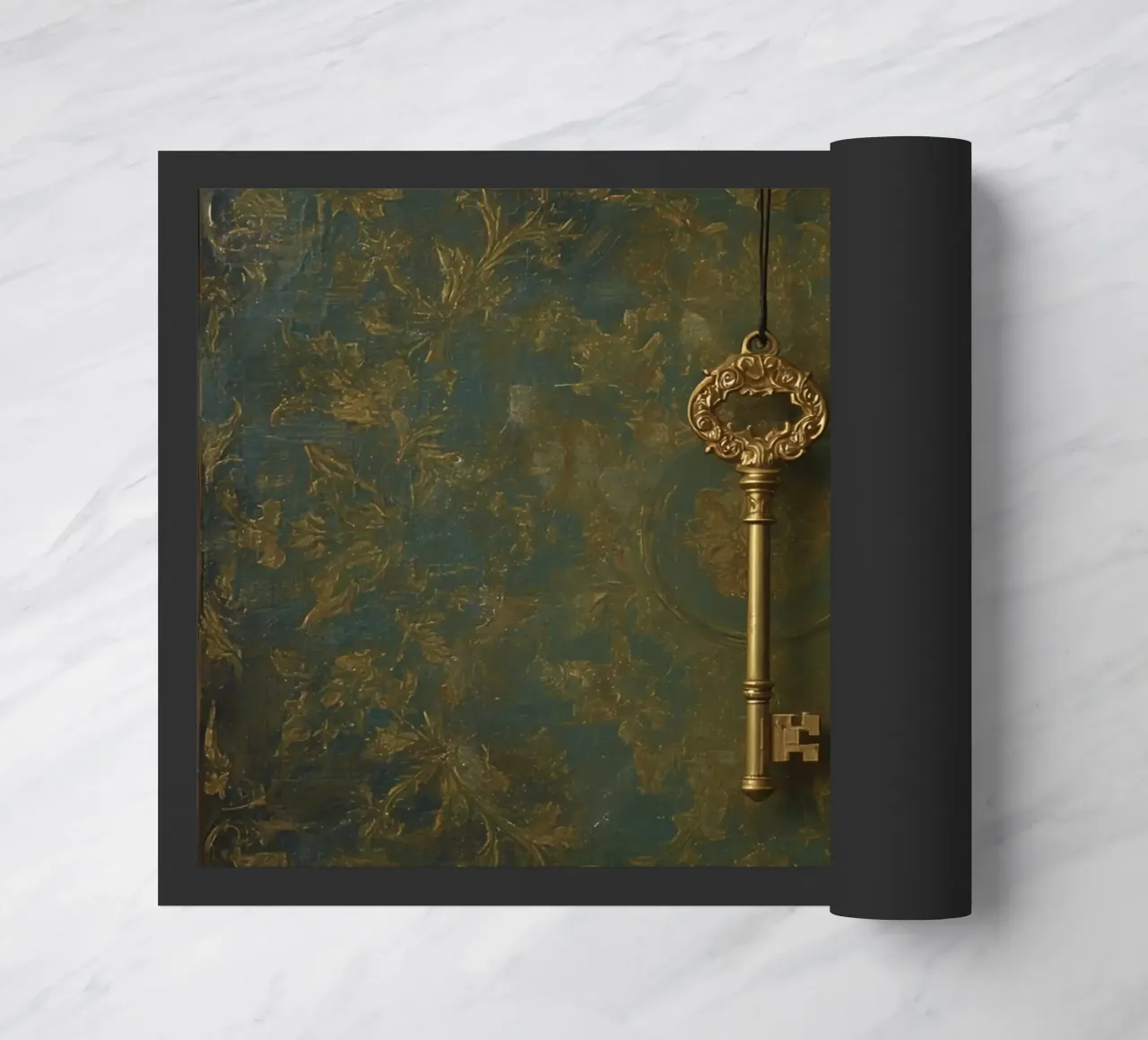 Key hanging against a textured background with intricate flo doormat by DesignDoodle