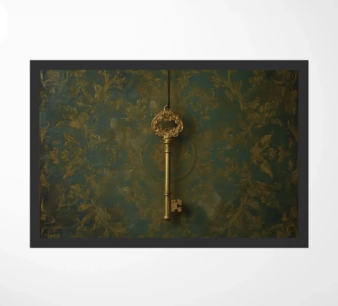 Key hanging against a textured background with intricate flo doormat by DesignDoodle