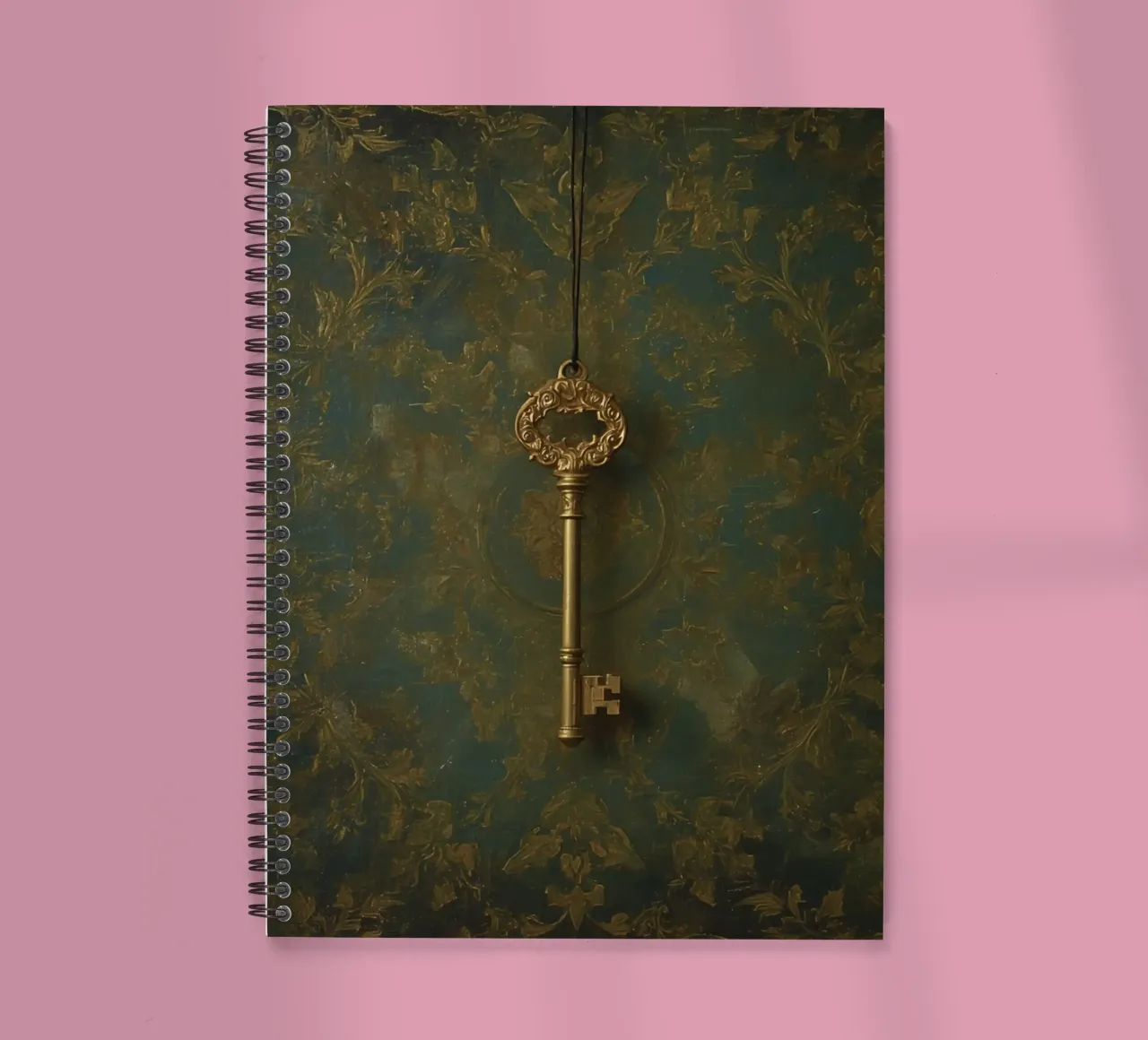 Key hanging against a textured background with intricate flo spiral notebook by DesignDoodle
