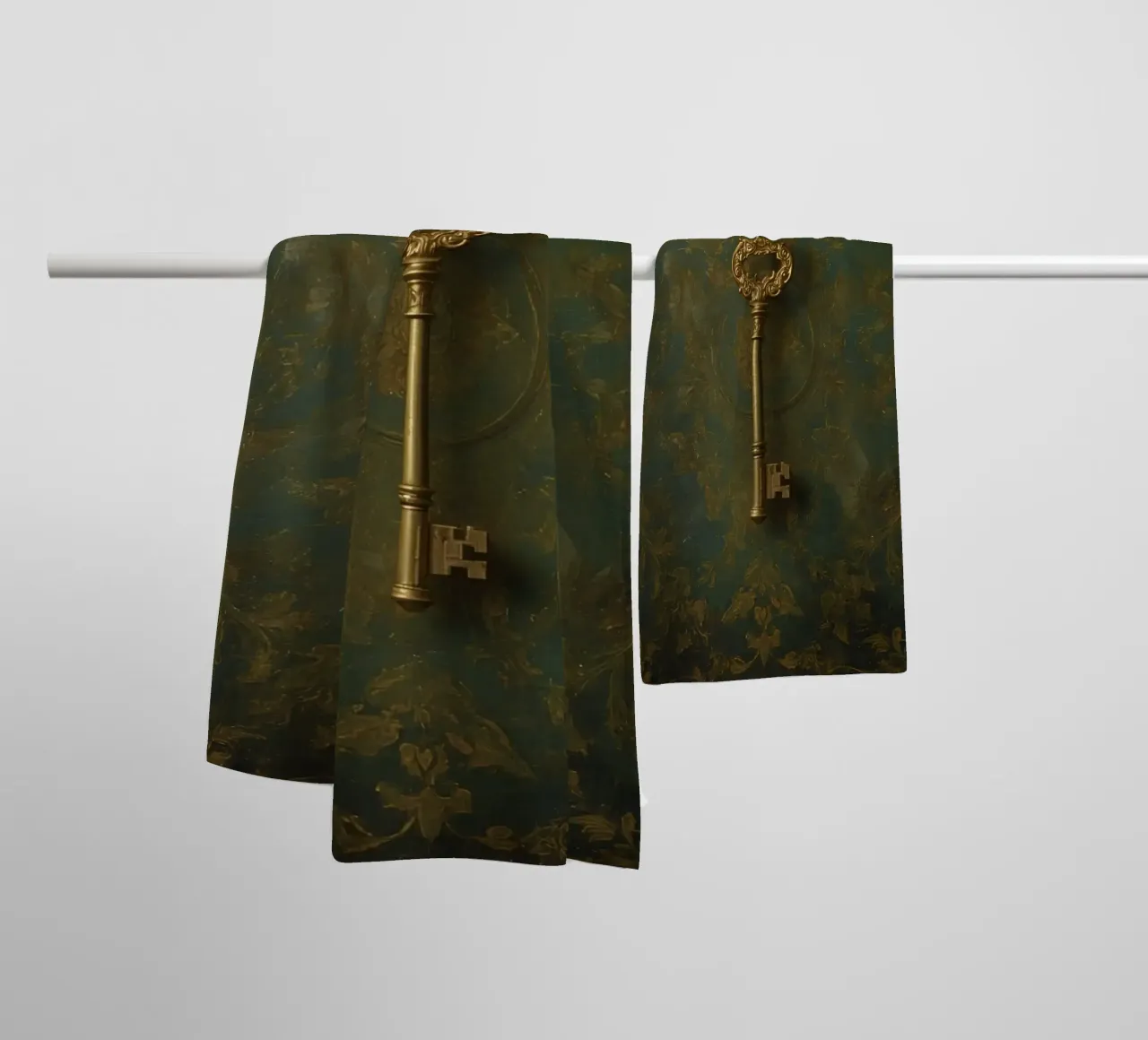 Key hanging against a textured background with intricate flo towel by DesignDoodle