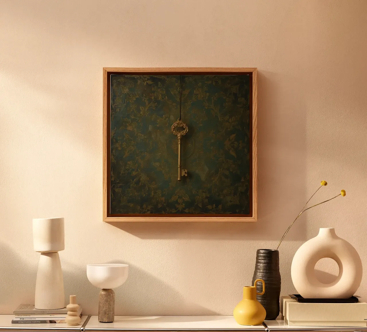 Chiave appesa su uno sfondo strutturato con un intricato motivo flo tela con Cornice a cassetta da DesignDoodle