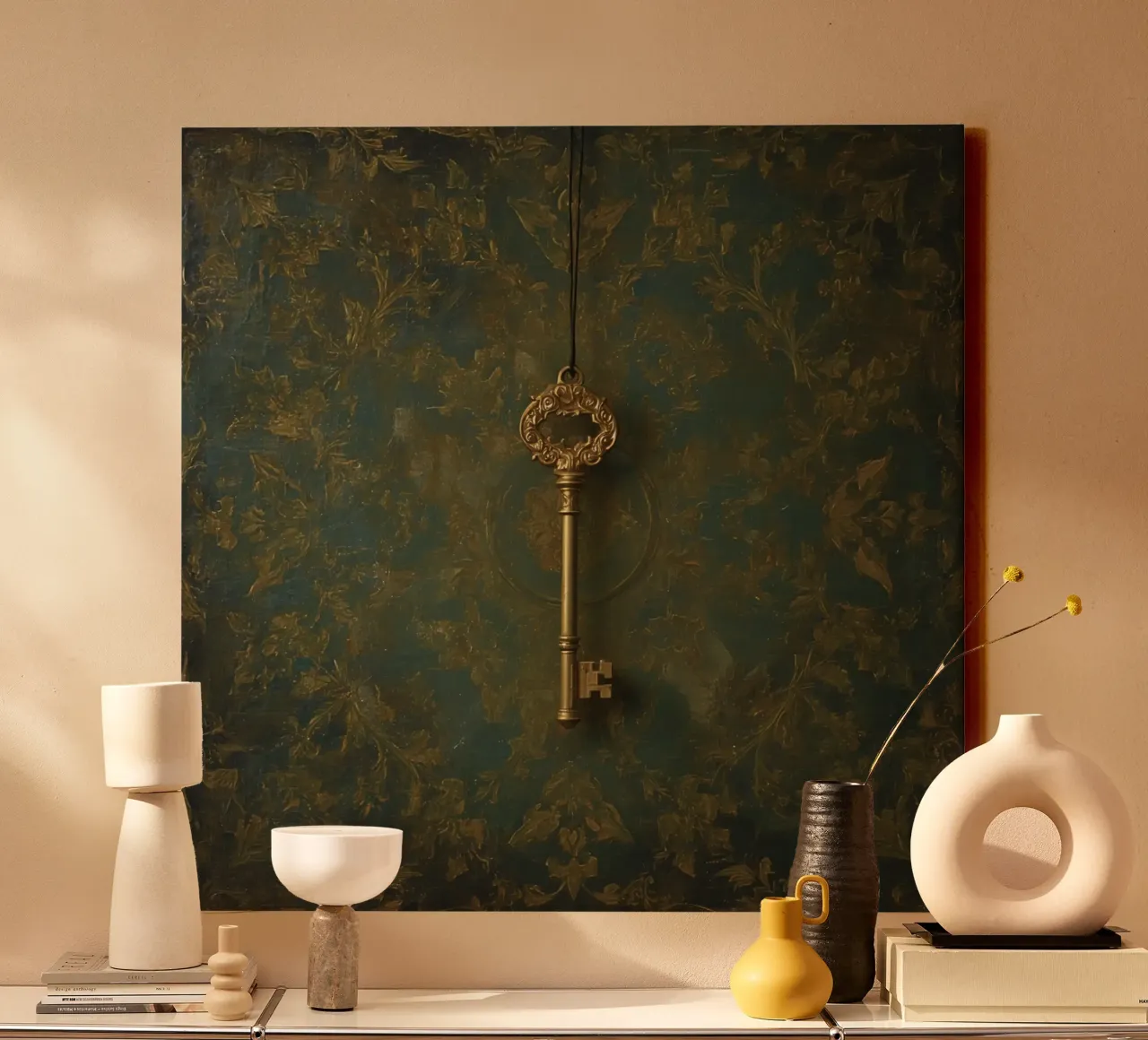 Chiave appesa su uno sfondo strutturato con un intricato motivo flo tela con Cornice a cassetta da DesignDoodle