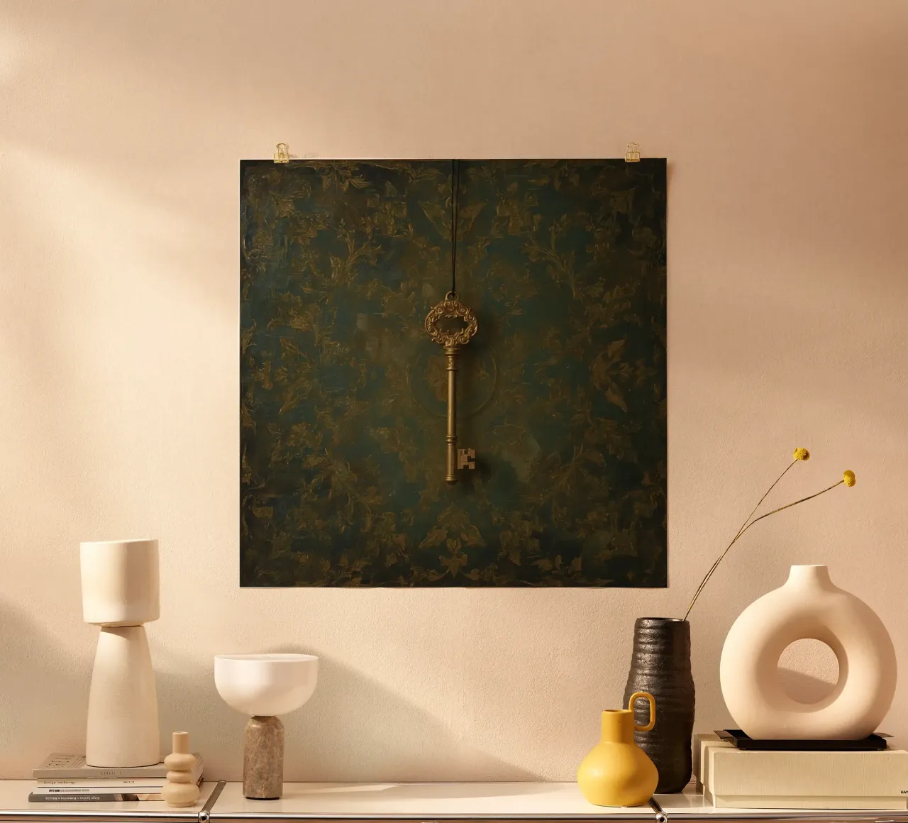 Chiave appesa su uno sfondo strutturato con un intricato motivo flo poster con telaio in alluminio da DesignDoodle