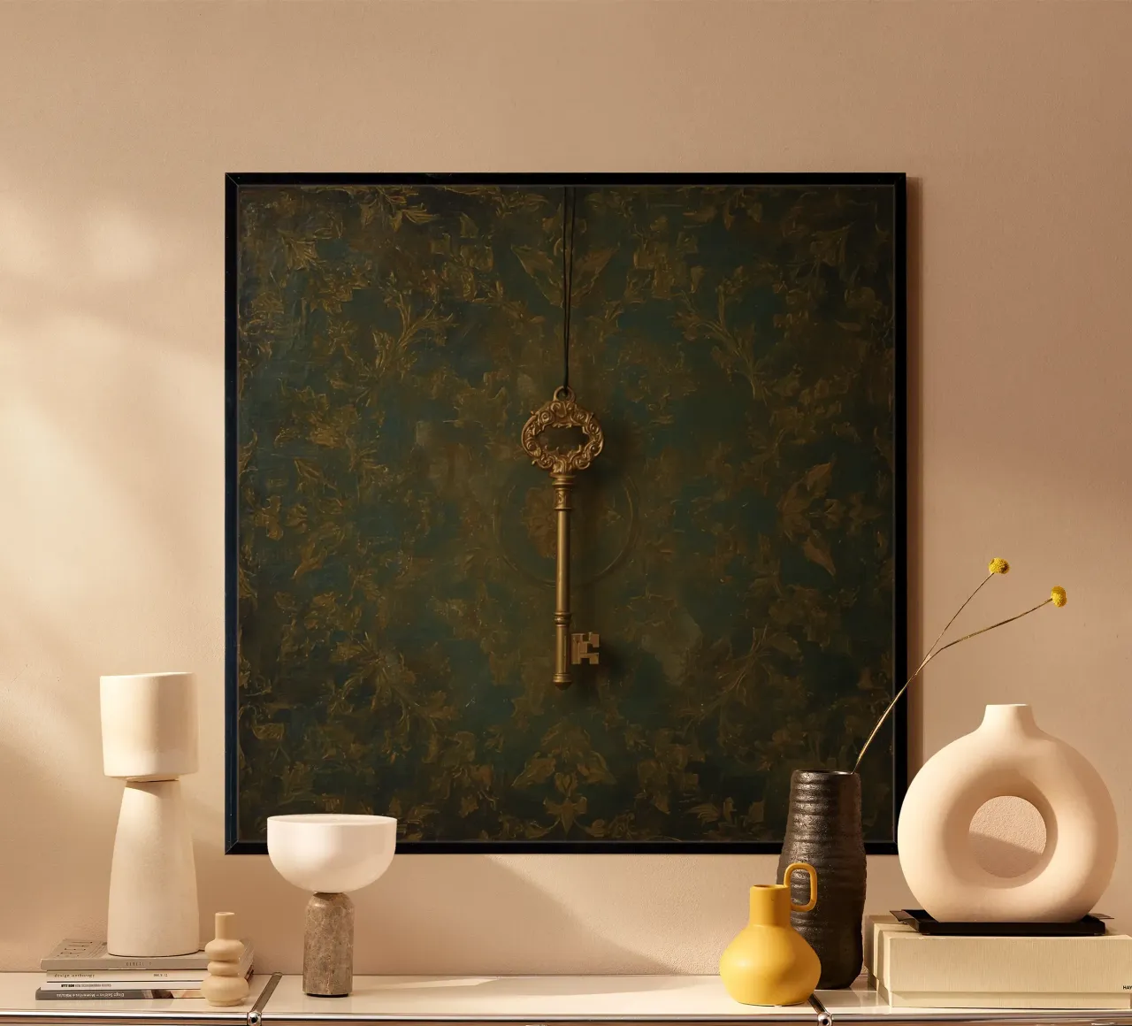 Chiave appesa su uno sfondo strutturato con un intricato motivo flo poster con telaio in alluminio da DesignDoodle