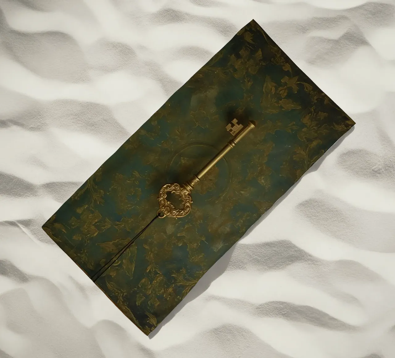 Key hanging against a textured background with intricate flo beach towel by DesignDoodle