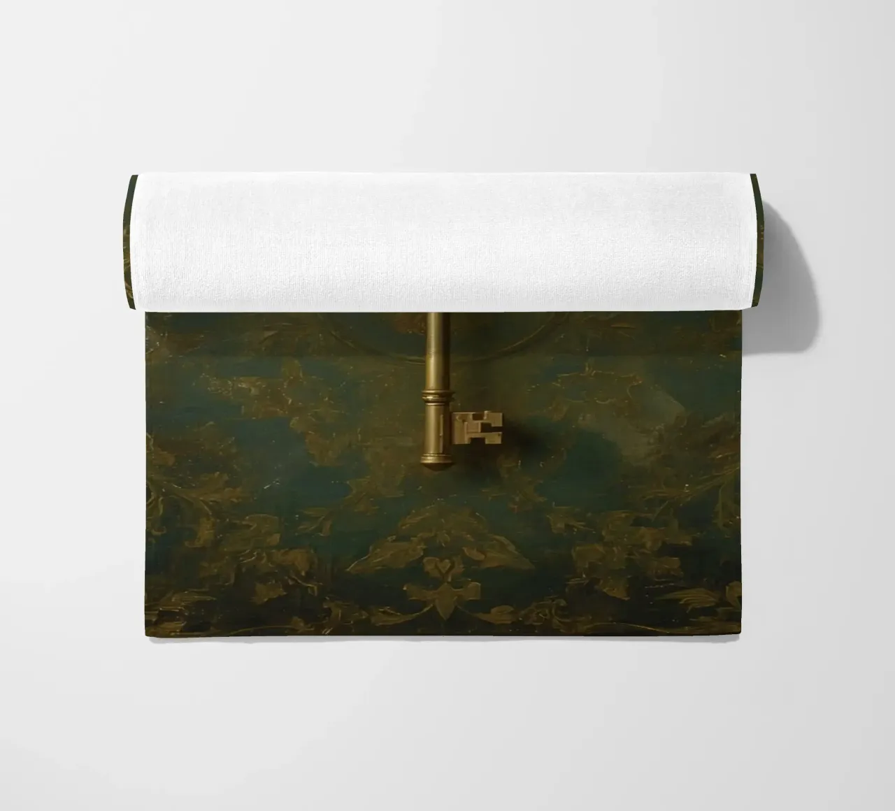 Key hanging against a textured background with intricate flo beach towel by DesignDoodle