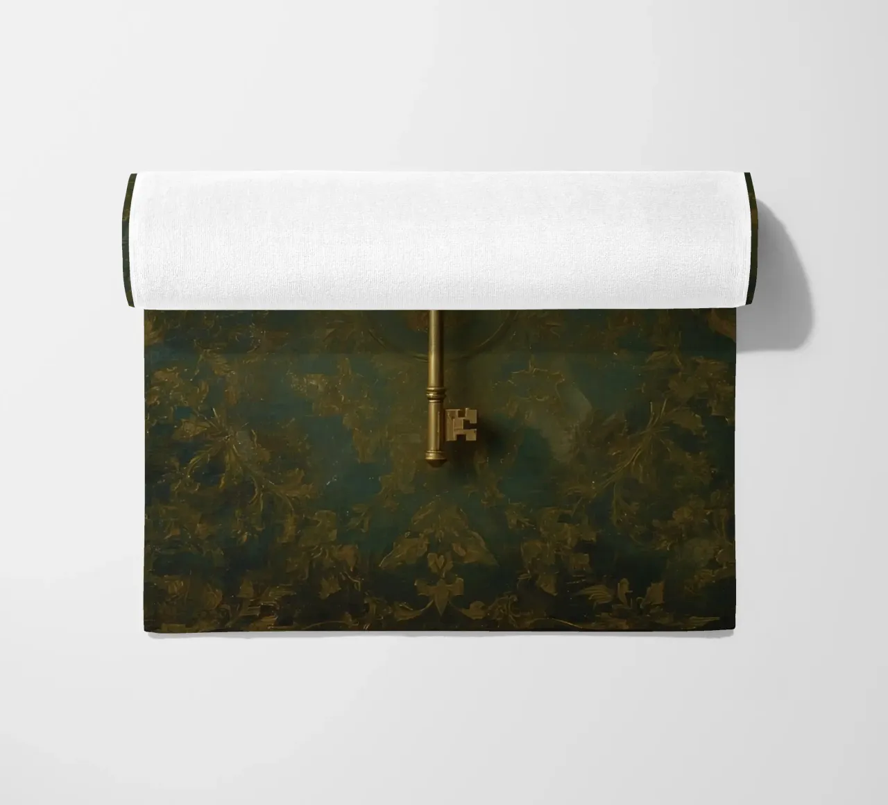Key hanging against a textured background with intricate flo beach towel by DesignDoodle