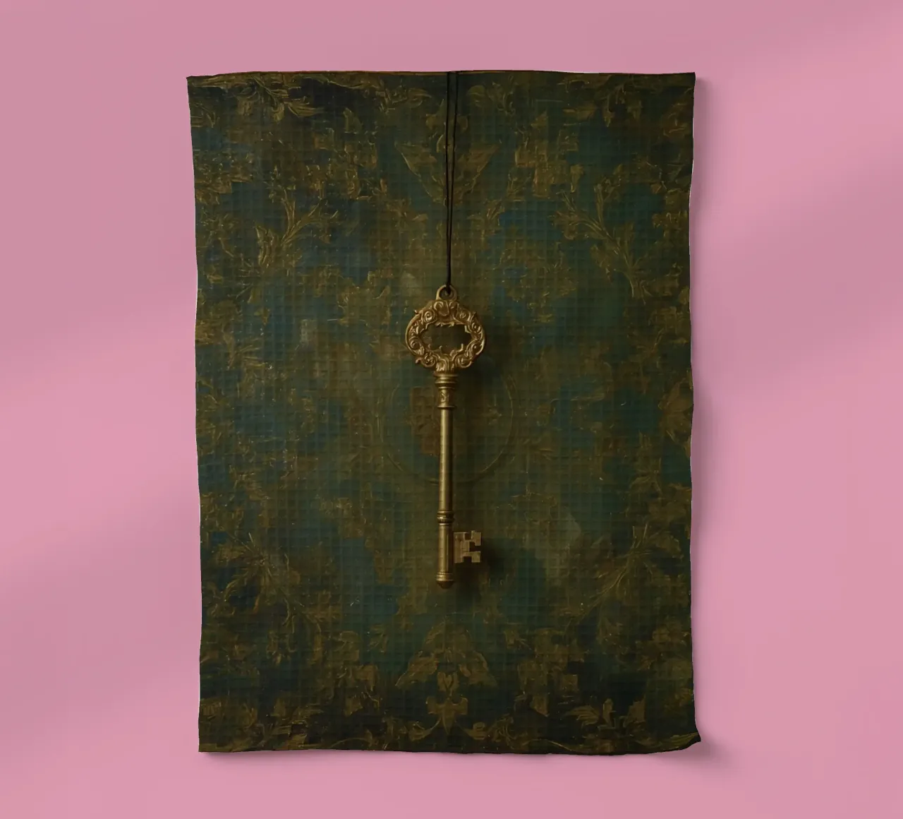 Clé suspendue sur un fond texturé avec des fleurs complexes. torchon de DesignDoodle