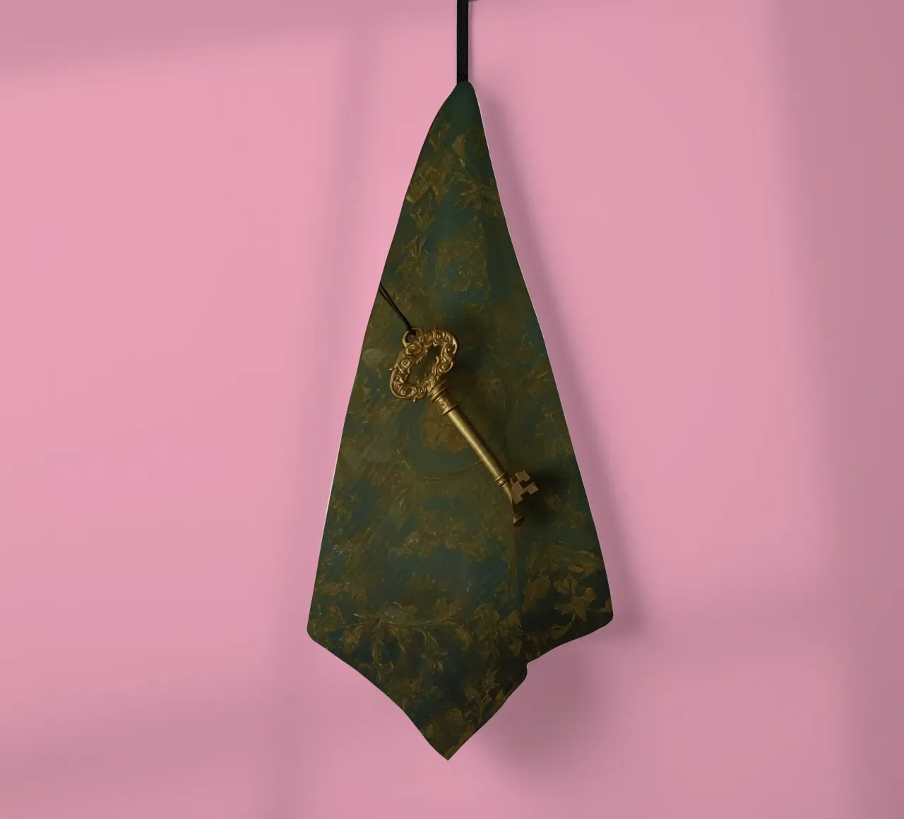 Clé suspendue sur un fond texturé avec des fleurs complexes. torchon de DesignDoodle